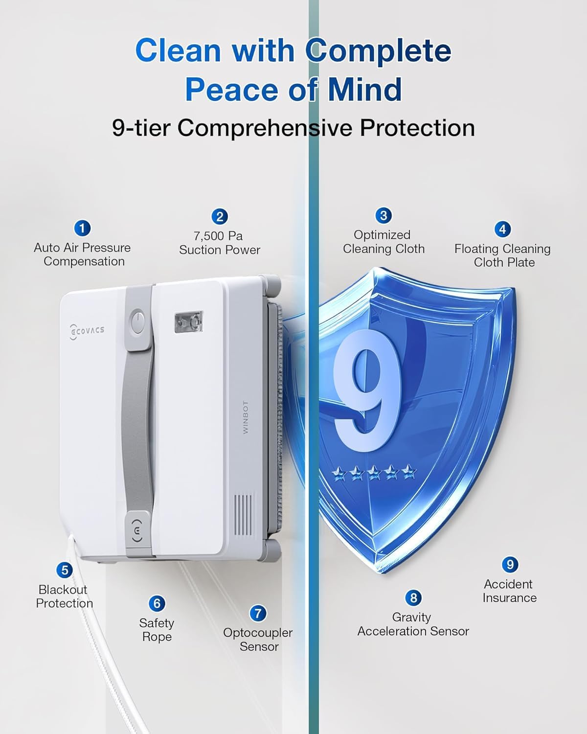 ECOVACS WINBOT Mini Window Cleaning Robot Compact Design Ultrasonic Spray 9-Level Protection Intelligent Path Planning Grey