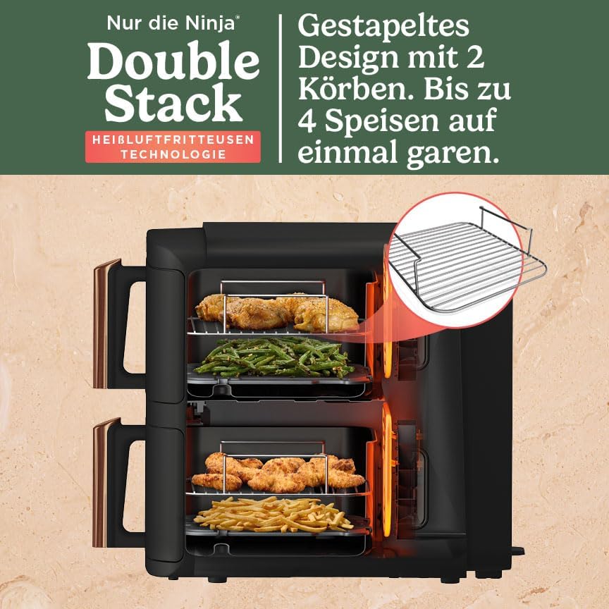 Ninja Double Stack XL Air Fryer 9.5L 2 Drawer 4 Level Cooking 6 Functions Black Copper SL400EUCP