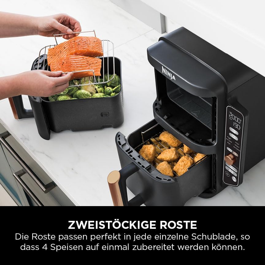 Ninja Double Stack XL Air Fryer 9.5L 2 Drawer 4 Level Cooking 6 Functions Black Copper SL400EUCP