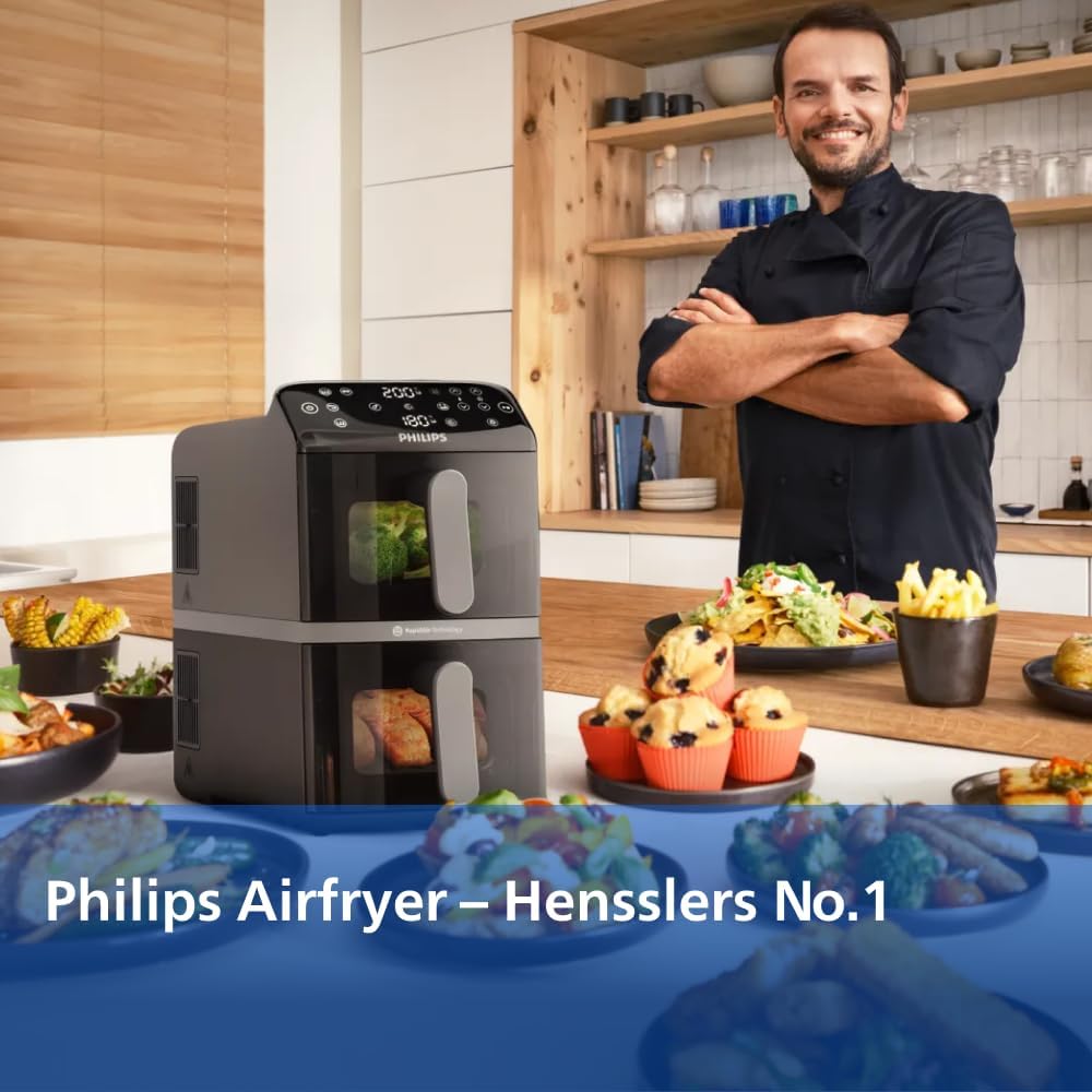 Philips Airfryer 4000 Series Stacked Dual Basket 10L Hot Air Fryer RapidAir Technology PFAS Free NA460 00