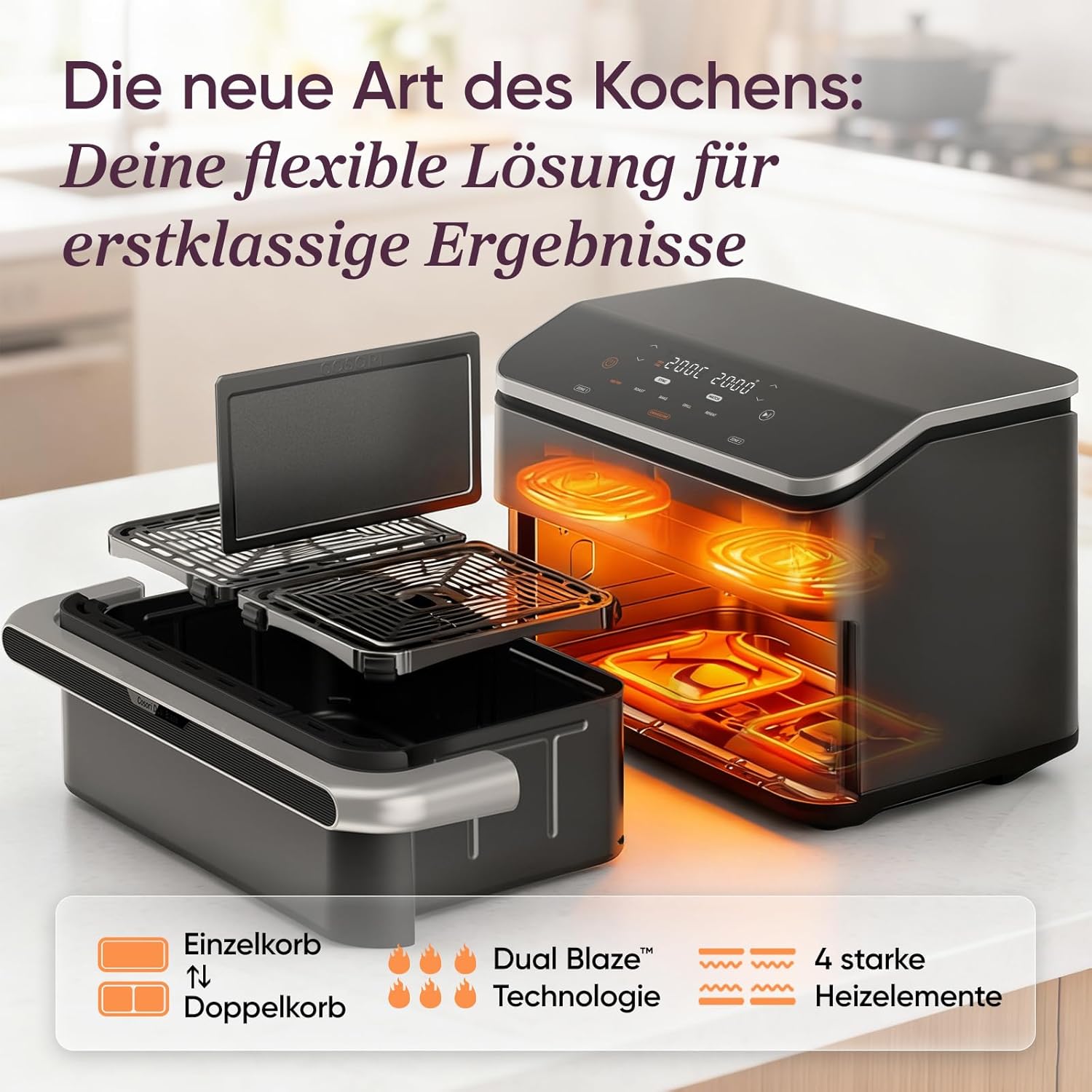COSORI Dual Chamber Air Fryer 10L TwinFry with 4 Heating Elements 240C Temperature Control Black TF102S