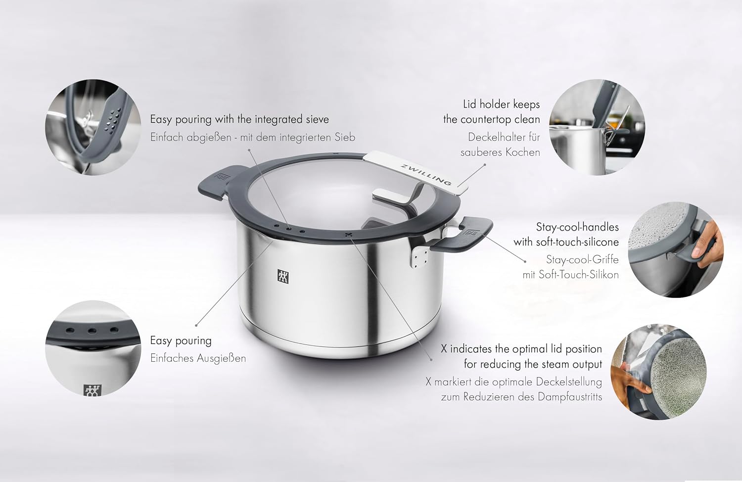 ZWILLING Simplify 5-Piece Stainless Steel Saucepan Set Induction Safe with Strainer Lids and Stay Cool Handles