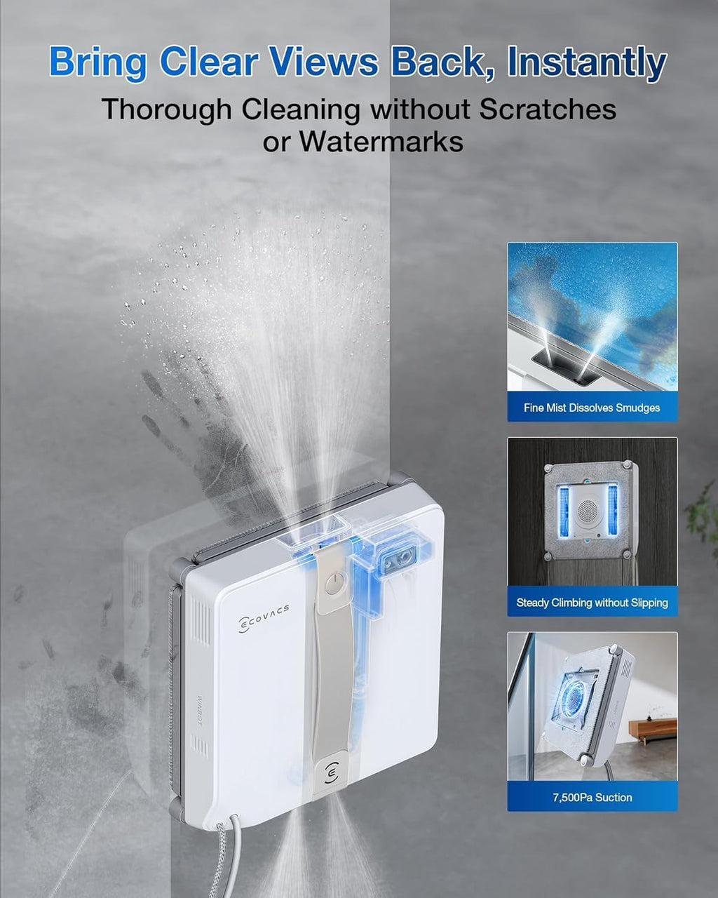 ECOVACS WINBOT Mini Window Cleaning Robot Compact Design Ultrasonic Spray 9-Level Protection Intelligent Path Planning Grey