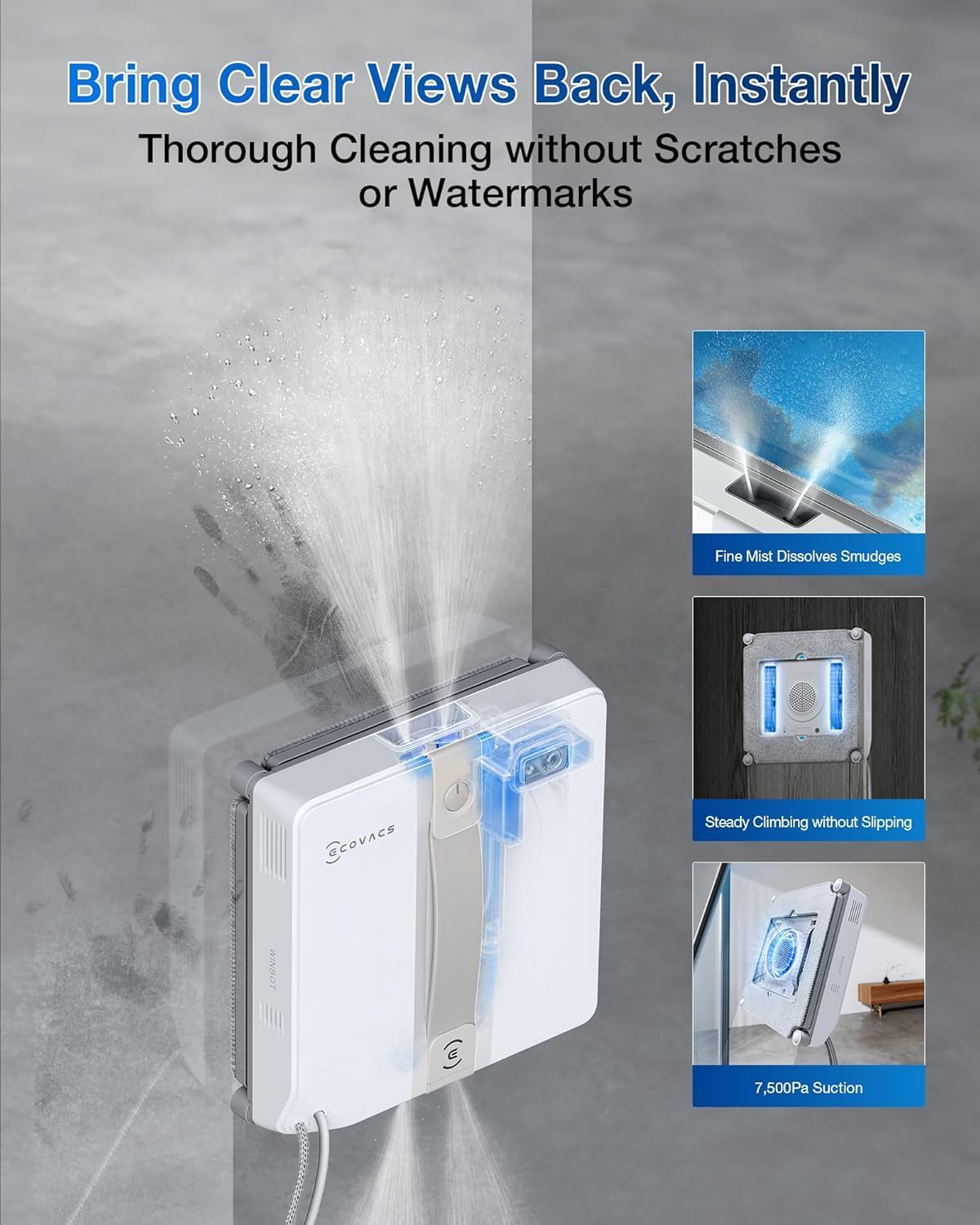ECOVACS WINBOT Mini Window Cleaning Robot Compact Design Ultrasonic Spray 9-Level Protection Intelligent Path Planning Grey