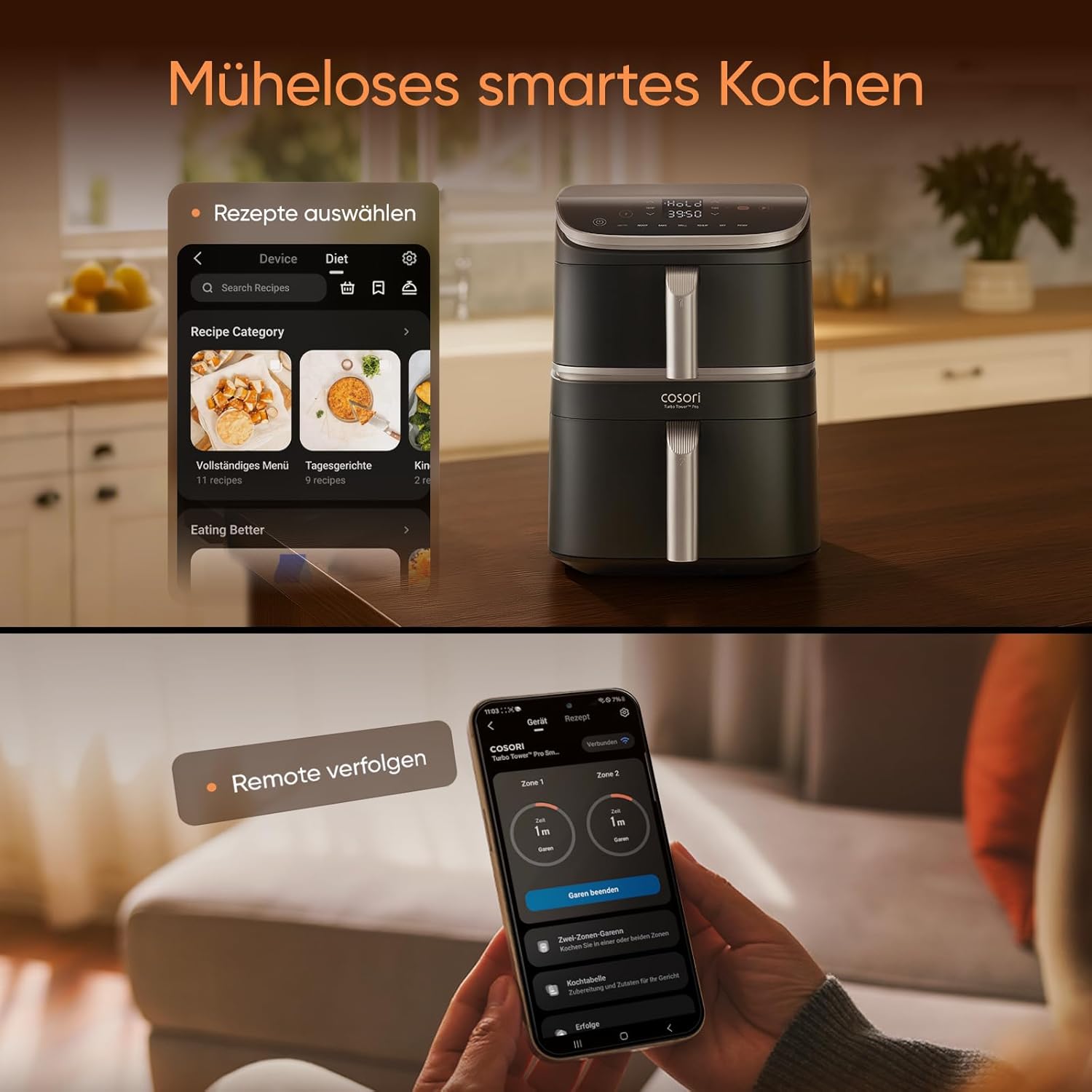 COSORI Turbo Tower Pro 10.8L Smart Air Fryer WiFi Dual Zone Ceramic Coating DualBlaze Technology Silver Grey