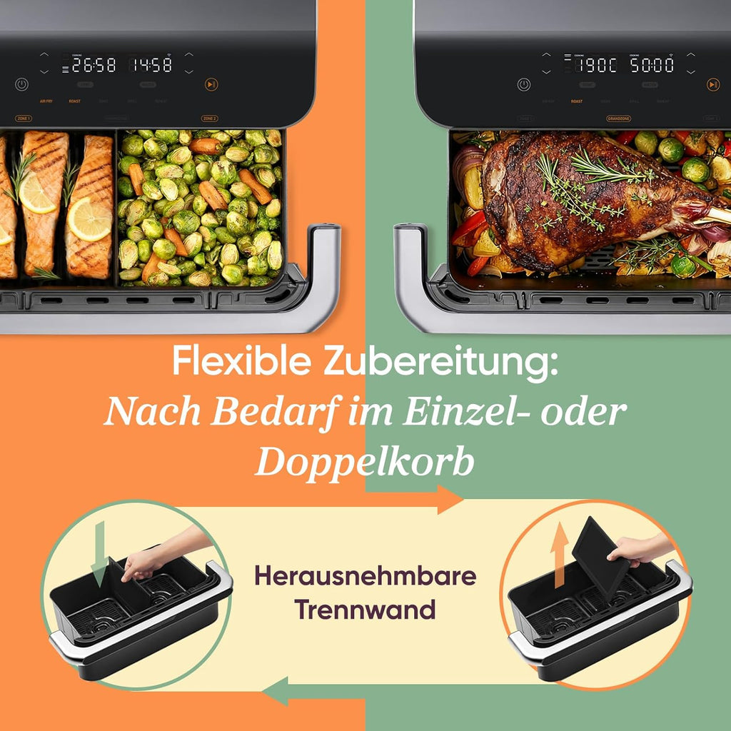 COSORI Dual Chamber Air Fryer 10L TwinFry with 4 Heating Elements 240C Temperature Control Black TF102S