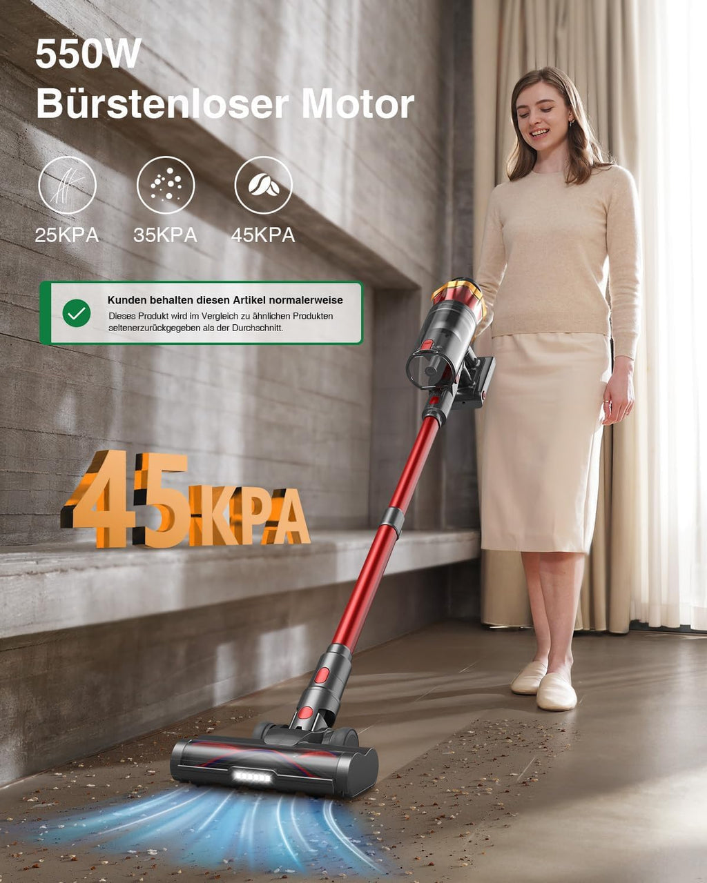 550W Cordless Vacuum Cleaner 45000Pa Suction 65Min Battery Anti-Tangle Brush Pet Hair Carpet Hard Floor Wall Mount