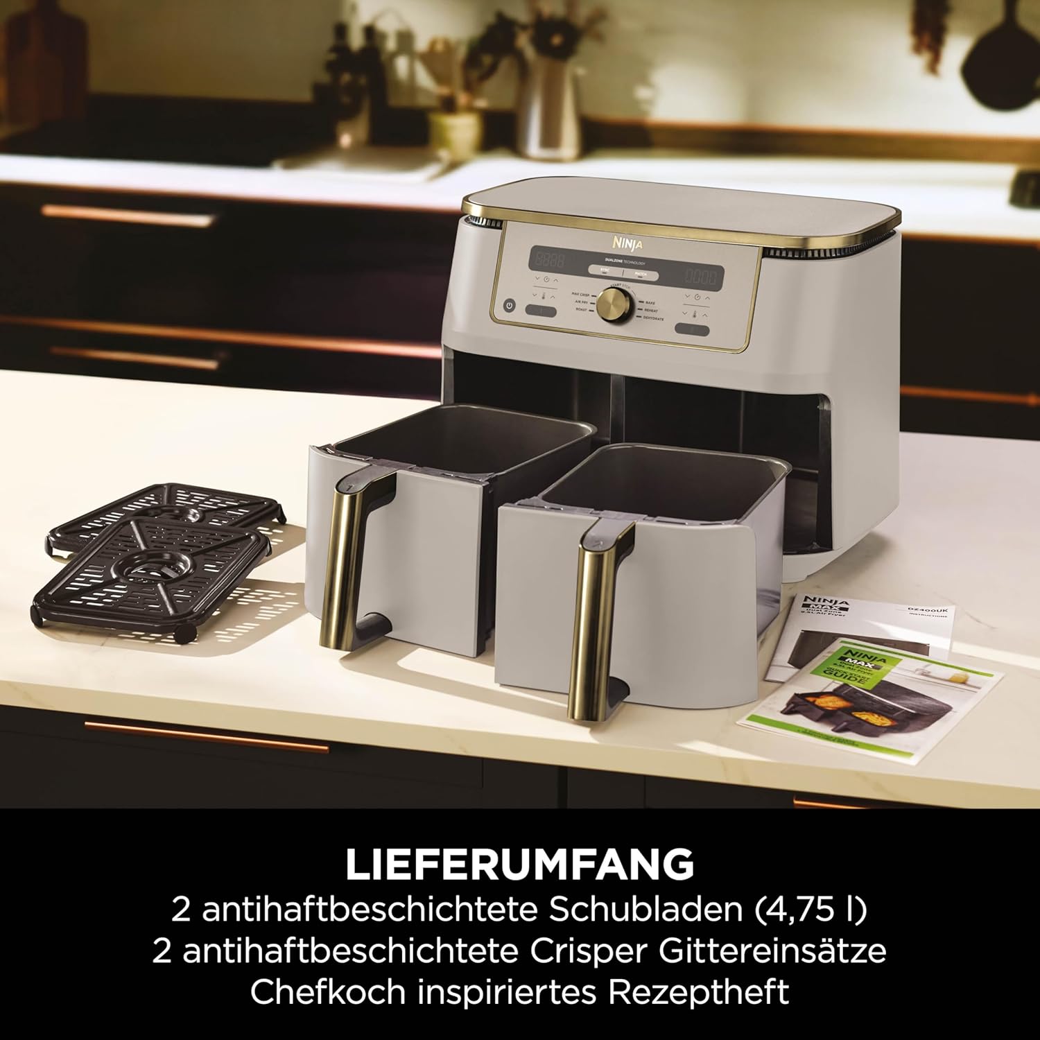 Ninja DZ400 Dual Zone Digital Air Fryer 9.5L 2 Drawer 6-in-1 Hot Air Fryer Stone Gold
