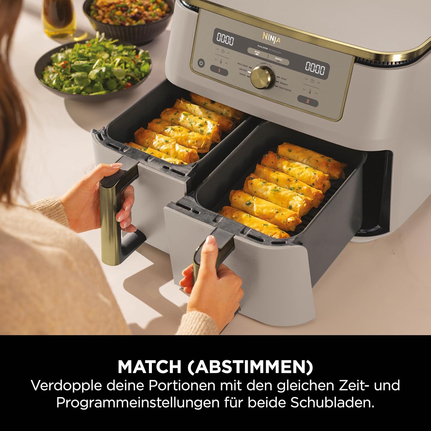 Ninja DZ400 Dual Zone Digital Air Fryer 9.5L 2 Drawer 6-in-1 Hot Air Fryer Stone Gold