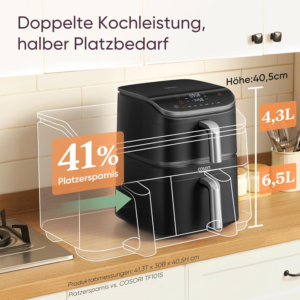 COSORI Turbo Tower Pro 10.8L Smart Air Fryer WiFi Dual Zone Ceramic Coating DualBlaze Technology Silver Grey