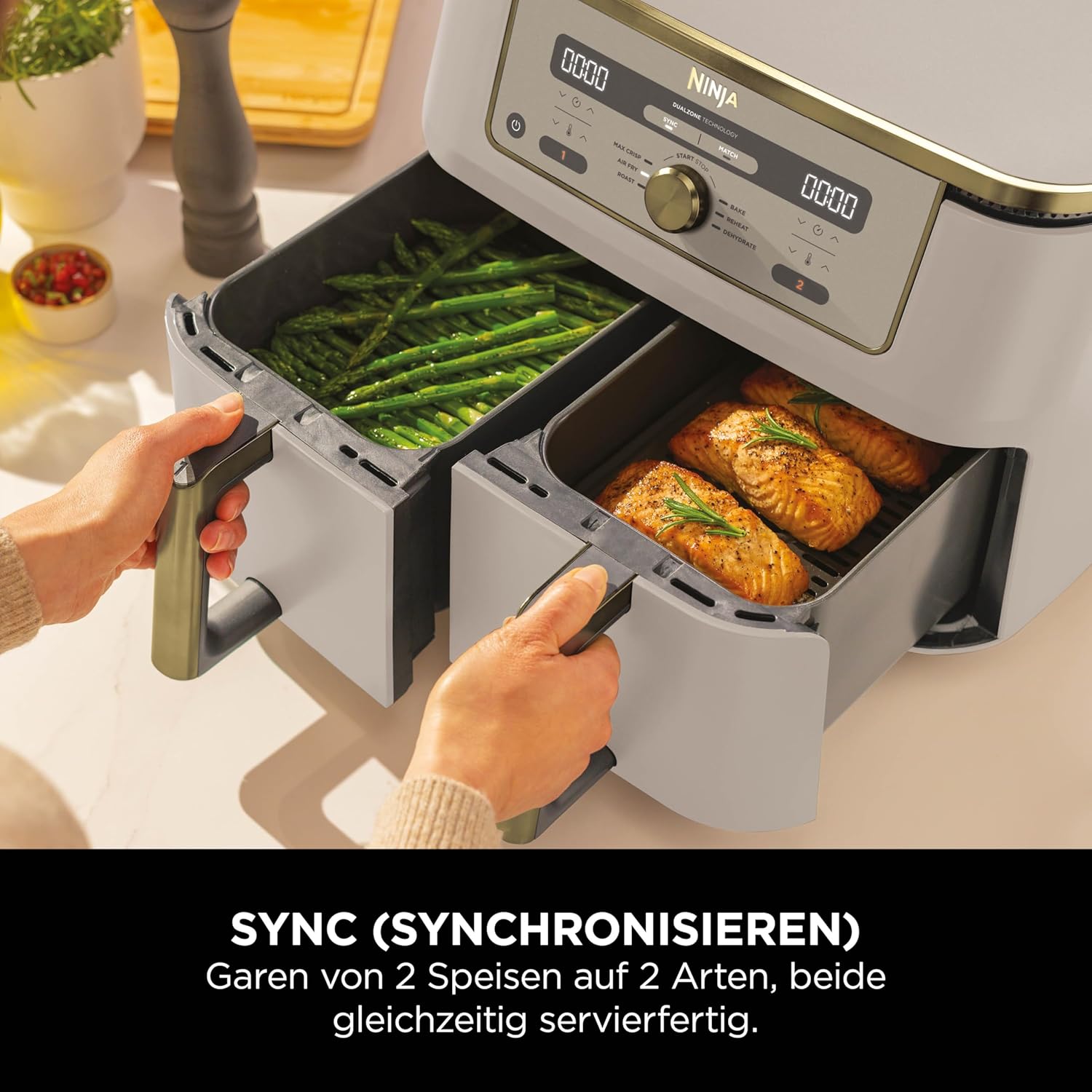 Ninja DZ400 Dual Zone Digital Air Fryer 9.5L 2 Drawer 6-in-1 Hot Air Fryer Stone Gold